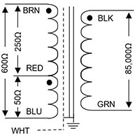 Wiring Diagram for 32.7 Ohm Primary DC Resistance J Series Audio Transformer
